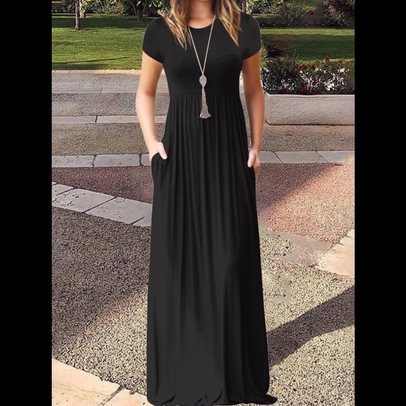 none Dresses & Skirts - Black short sleeved thin cotton maxi dress